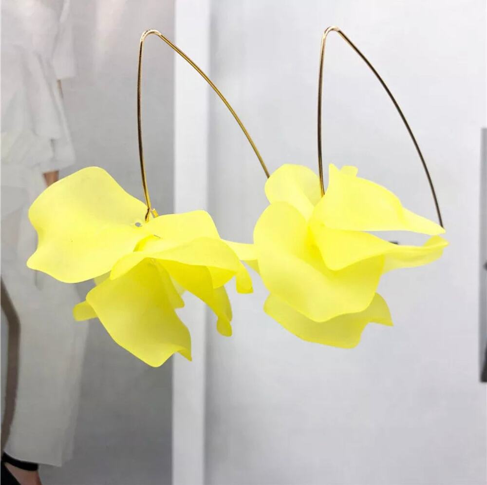 Pansy Flower Blossom Drop Earrings - Yellow